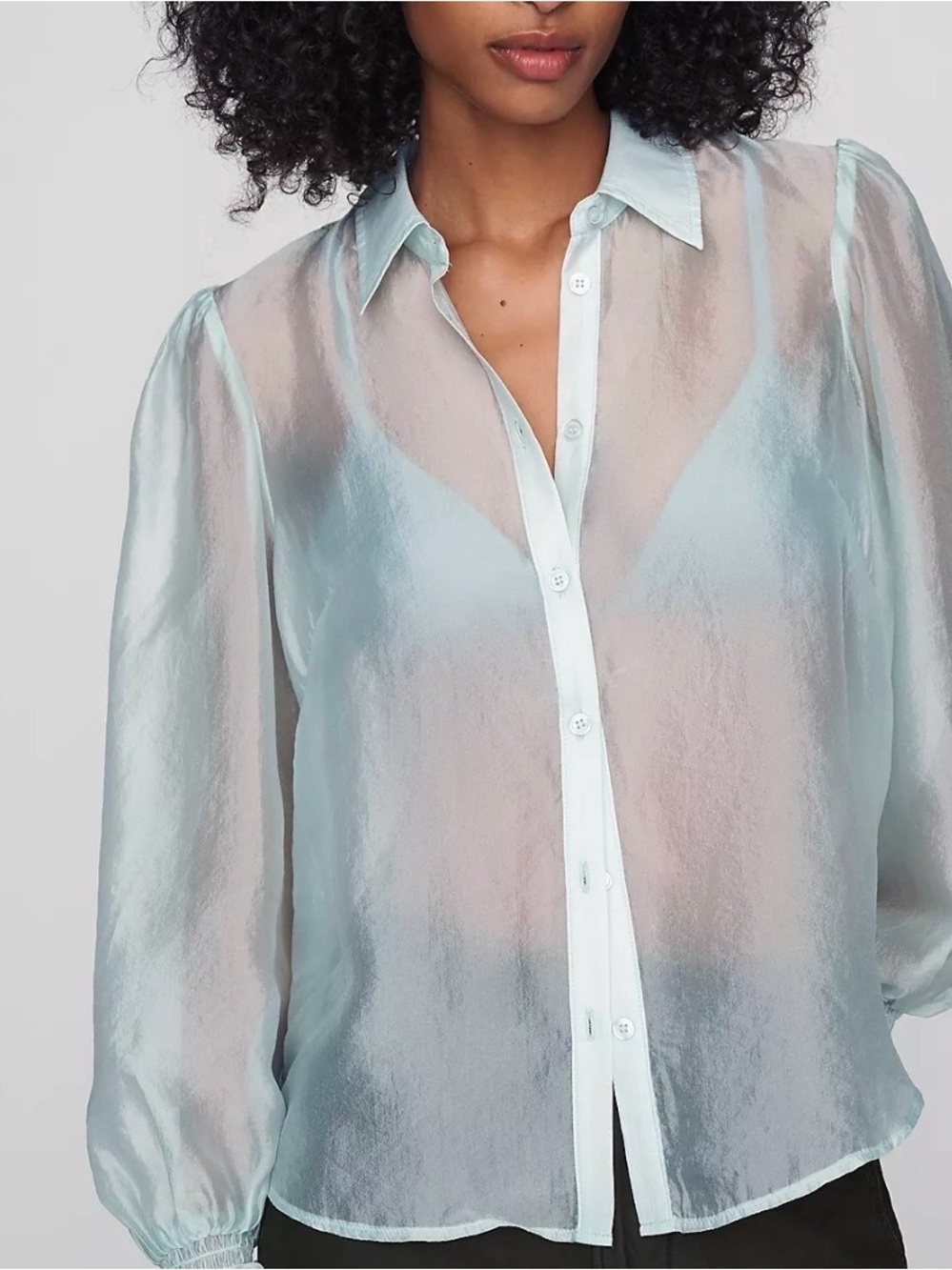 Anthropologie Sheer Misty Aqua Long-Sleeve Blouse